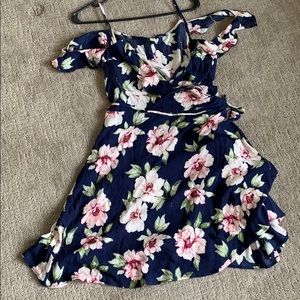Blue floral off-shoulder wrap dress